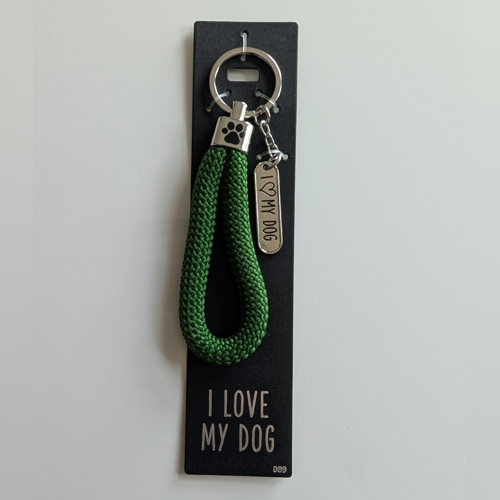 I Love My Dog Green Keychain with Paw Charm
